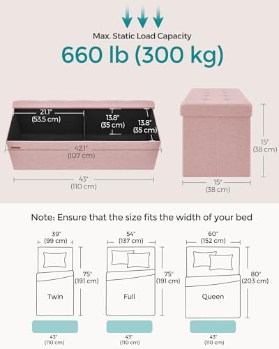 SONGMICS 43.3 Inches Folding Storage Ottoman Bench, Load 660 lb