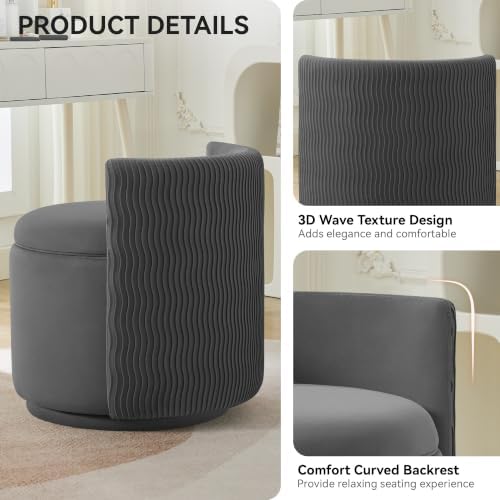 Large Velvet Vanity Chair, 360° Swivel Makeup Chair with Storage, Grey