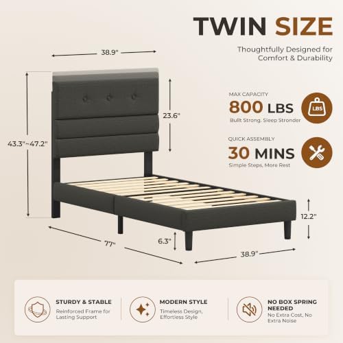 GRUSIGN Twin Size Bed Frame with Linen Fabric Headboard, Adjustable Height Upholstered Platform Bed Frame with Wooden Slats, Easy Assembly, Black