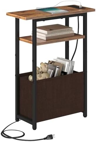 sthmec Narrow Side Table with Charging Station, Small End Table for Small Spaces, Skinny Nightstands with Storage Basket, 3 Tier Sofa Couch Bedside Tables for Living Room,Bedroom, Rustic Brown