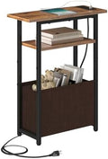 sthmec Narrow Side Table with Charging Station, Small End Table for Small Spaces, Skinny Nightstands with Storage Basket, 3 Tier Sofa Couch Bedside Tables for Living Room,Bedroom, Rustic Brown