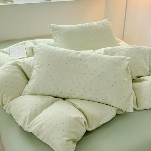 Cotton Muslin Duvet Cover Twin XL 3 Pcs, Green Polka Dot,68"×90"