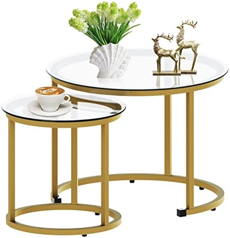 aboxoo Gold Nesting Coffee Table Set of 2, Small Glass Round Nesting Tables for Living Room Bedroom, Accent Tea Table with Metal Frame Modern Industrial Simple