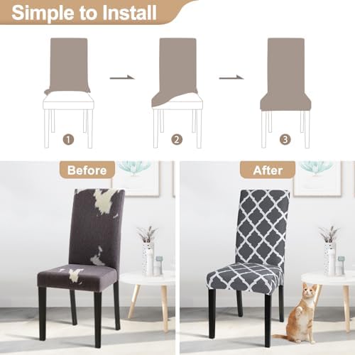 SearchI Dining Room Chair Covers Set of 4, Stretch Spandex Kitchen Slipcovers Removable Washable Geometric Parsons Protector for Room, Hotel, Ceremony (Gray+White)