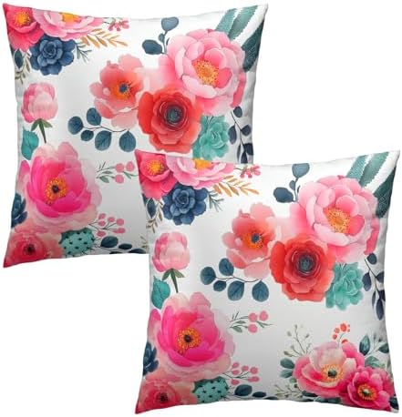 Watercolor Peony Throw Pillow Covers 22x22 Inch Set of 2 Pink Floral Girly Green Leaves Decorative Pillow Case Spring Summer Flower Square Cotton Cushion Cover for Home Couch Bed
