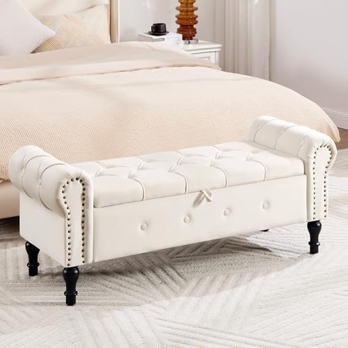 Storage Bench 51" Velvet End of Bed Benches Beige