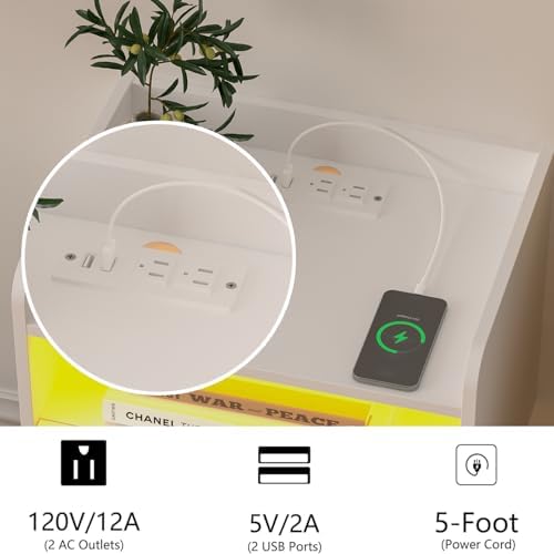 Veegle White Floating Nightstand with Charging Station and LED Lights (White)