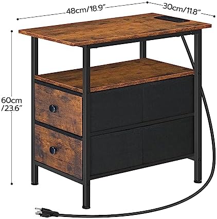 HOOBRO End Table with Charging Station, Set of 2 Narrow Side Tables, Nightstand with 2 Non-Woven Drawers, Slim Sofa Table, for Small Spaces, Living Room, Bedroom, Rustic Brown and Black BF486UBZP201