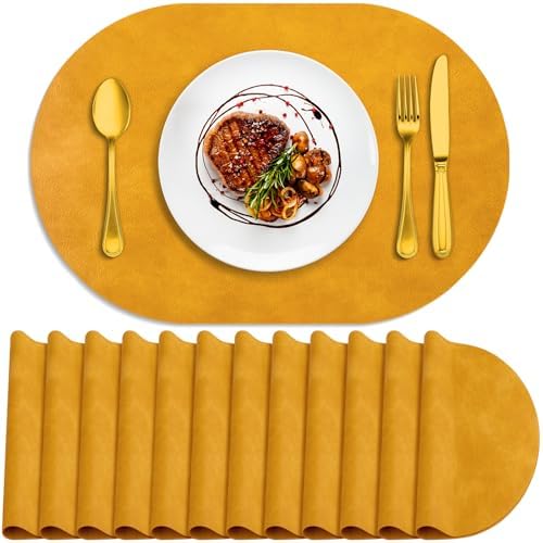 ADRIMER Oval Placemats Set of 12, Wipeable Faux Leather, Yellow