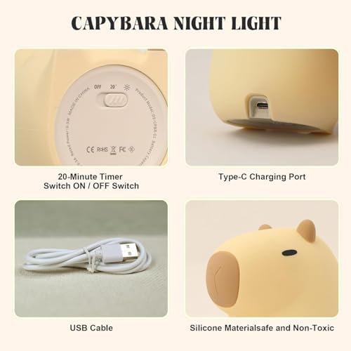 Capybara Night Light, Cute Capybara Lamp Silicone Baby Lamp,Dimmable Nursery Nightlight,Rechargeable Bedside Table Lamp with Touch Control,Gifts Kawaii Room Decor for Kids Girls Boys