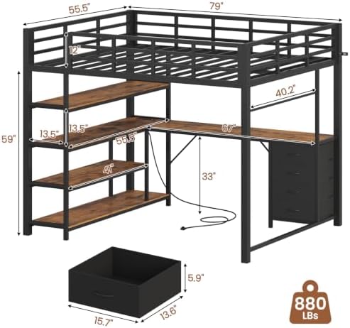 Loft Bed Full Size with L Shape Desk,4 Drawers,3-Tier Storage Shelves Metal Loft Bed Frame with Power Outlet and LED Lighted,No Box Spring Needed,Space-Saving,Noise Free (Brown & Black, Full Size)