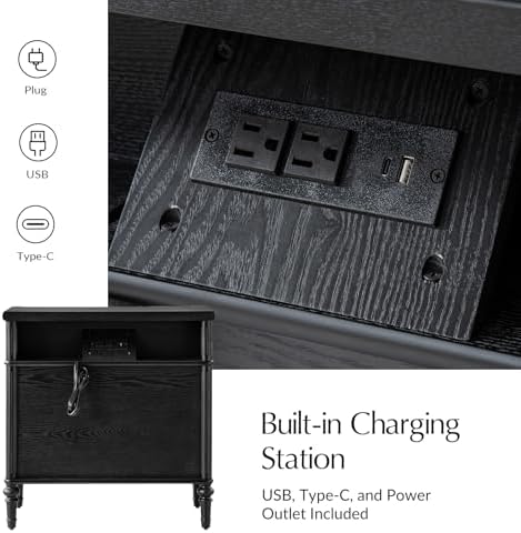 HULALA HOME Traditional End Table with Charging Station, Black