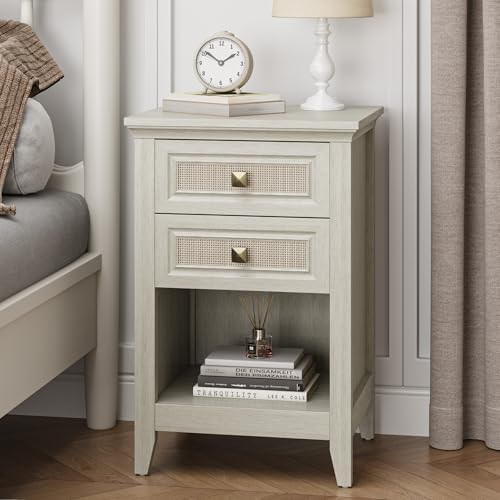 RoyalCraft Rattan Nightstand for Bedroom, Tall Bedside Table with 2 Drawers