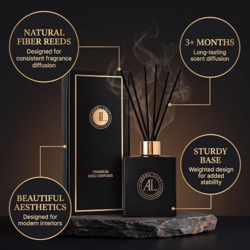 Black Reed Diffuser Sticks in Oil Set with Rustic Amber Scent | Long-Lasting Reed Diffusers for Home, Office & Bedroom Decor Fragrance Diffuser | BunnyTail Orange Dried Flowers | (5 oz)