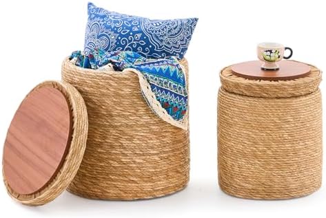 Nested Set Round Pouf Ottomans Handwoven Natural Grass Pouffe Rattan Stool