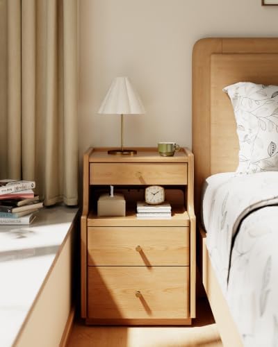 Solid Wood Narrow Nightstand with 3 Drawers,Natural 15.7",Fully Assembled