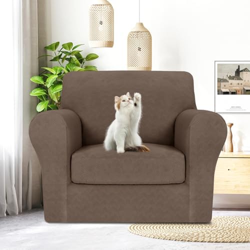 MAXIJIN 2 Piece Chair Covers Chair Slipcover with Arms, Sofa Chair Cover for Living Room Armchair Cover, Stretch Pet Dog Slip Cover for A Chair with 1 Cushion (31"-46", Brown)