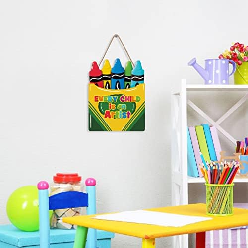 LHIUEM Colorful Crayon Wood Sign Decor(10"X14") Inspirational Quote Every Child is an Artist Wall Art Multicolor Cartoon Pencil Positive Wooden Plaque for Kid Room Playroom Classroom Nursery