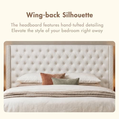 Madison Park Queen Wingback Upholstered Tufted Headboard, Featuring High-Density Sponge Padding, Adjustable Height Headboard, Easy Assembly, Beige Velvet