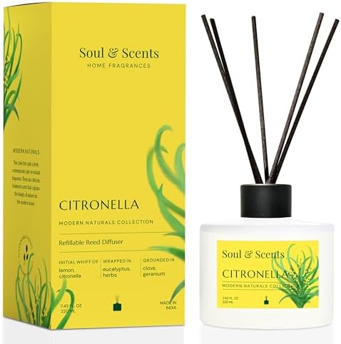 Soul & Scents Reed Diffuser Set – Citronella | 7.43 oz Refillable Scented Oil with 6 Fiber Sticks | Long-Lasting Home Fragrance & Air Freshener for Bedroom, Bathroom, Office | Gift & Décor Piece