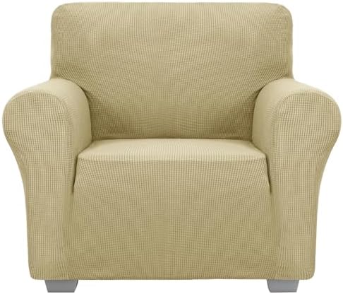 JIVINER Super Stretch Chair Sofa Slipcovers 1-Piece Jacquard Chair Covers for Living Room Soft Anti Slip 1 Seater Couch Furniture Protector Small Checks for Kids Pets (Chair, Champagne)