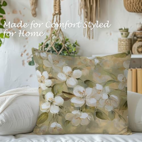 Neutral Vintage White Blossom Floral Pillow Cover 18x18, Rustic Beige Cottagecore Botanical White Flower Decorative Lumbar Pillow Cover for Couch Bed Living Room Bedroom