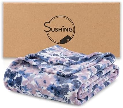 Luxury Printed Fleece Warm Throw Blanket, Soft Lightweight Velvety Plush Throw for Couch and Bed, Cozy Comfy for All Seasons(White Purple Flowers, 50×70 Inches)