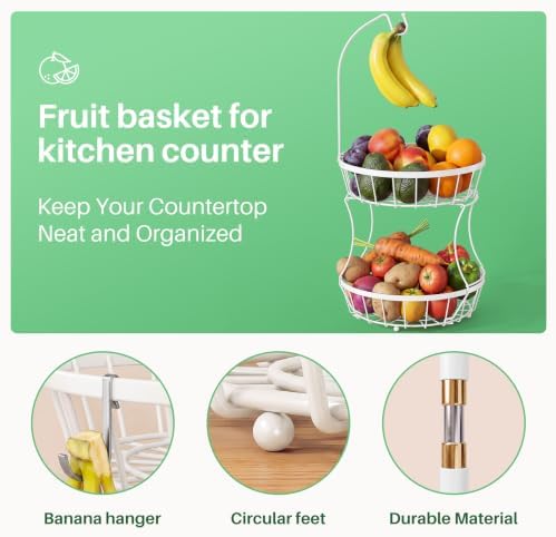 SAYZH 2-Tier Large Fruit Basket Bowl for Kitchen Counter with Banana Hanger
