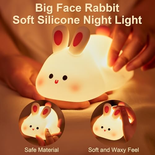 Big Face Rabbit Silicone Night Light for Kids,Cute Animal Lamp, Easter Rabbit,Gifts Dimmable Light up Bunny, Nursery Night lamp,Rechargeable Bunny Nightlight, Bedside Lamp for Breastfeeding