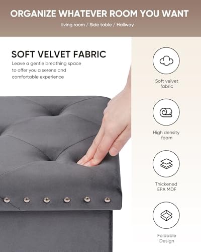 B FSOBEIIALEO Storage Ottoman Bench, 30" Velvet Ottoman With Storage, Grey