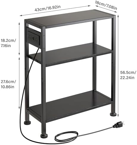 End Table with Charging Station, 3-Tier Side Table for Small Space, Skinny Nightstand with USB/Type C Port and 2 Outlets, Slim Sofa Beside Table for Living Room, Bedroom and Balcony, Black