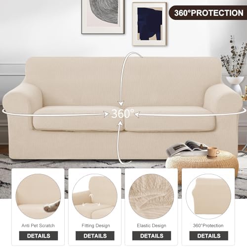 U-NICE HOME 3 Pieces Stretch Couch Cover Sofa Slipcover, Beige