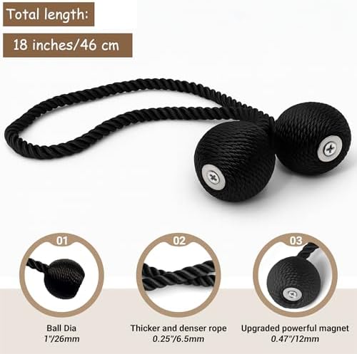 Hion Magnetic Curtain Tiebacks Black 6pcs, Curtain Holdbacks Hooks Holders
