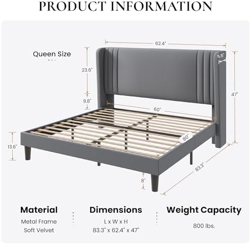 SHA CERLIN Queen Velvet Upholstered Bed Frame, Wingback Headboard, Grey