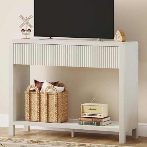 FATORRI Console Entryway Table with Storage, Wooden Narrow Sofa Table with Drawers and Open Shelf, 39.37 inch Modern Hallway Tables Behind Couch for Living Room, Dining, Foyer, Bedroom (Antique White)