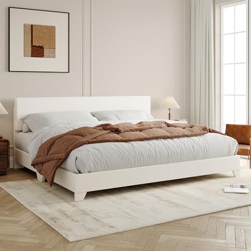 Allewie King Size Upholstered Bed Frame Adjustable Headboard, White