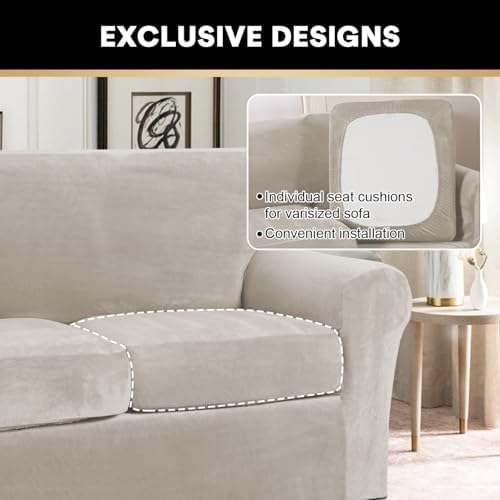 PrinceDeco Velvet XL Couch Cover for Oversized Sofa 4 Piece Sofa Covers for 3 Cushion Couch Washable Furniture Protector with Non Slip Elastic Bottom Width Up to 105 Inch(X-Large,Oatmeal)