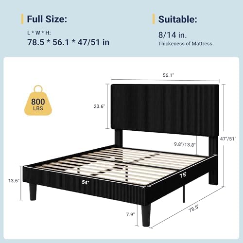 Allewie Full Bed Frame, Corduroy Tufted Headboard, Black