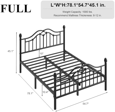 Full Size Bed Frame with Victorian Headboard & Footboard, Black