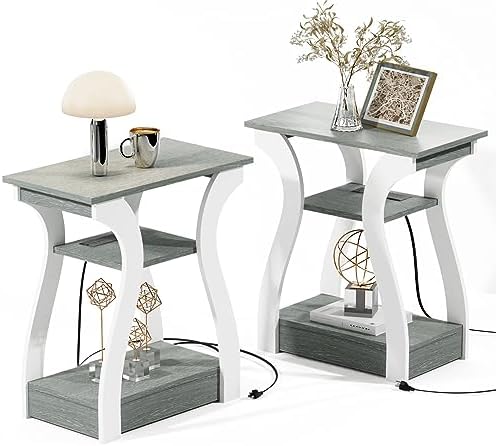 FROMJBEST End Tables Living Room Set of 2 with Charging Station, Grey