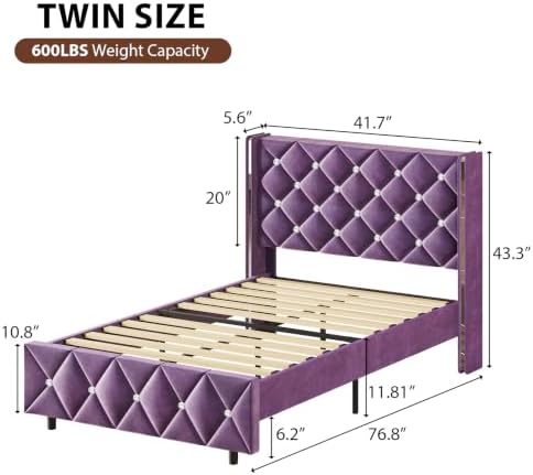 HOMBCK Twin Bed Frame with Velvet Headboard, Silverside Wingback, Purple