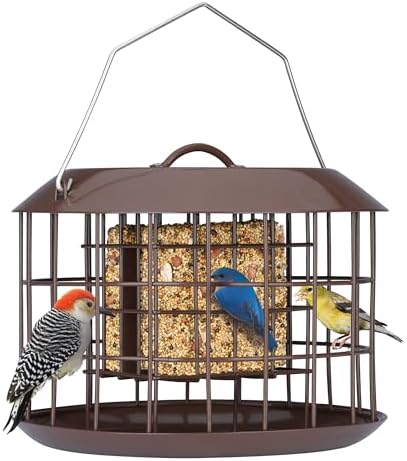 Kingsyard Squirrel Proof Suet Feeder, Cage Bird Feeders for Outdoors Hanging, All Metal, Double Suet Cake Capacity, Tray & Weatherproof, Brown