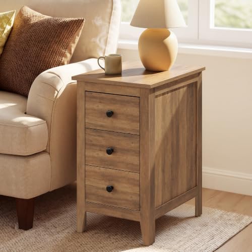 VASAGLE Side End Table with 3 Storage Drawers, Nightstand Farmhouse