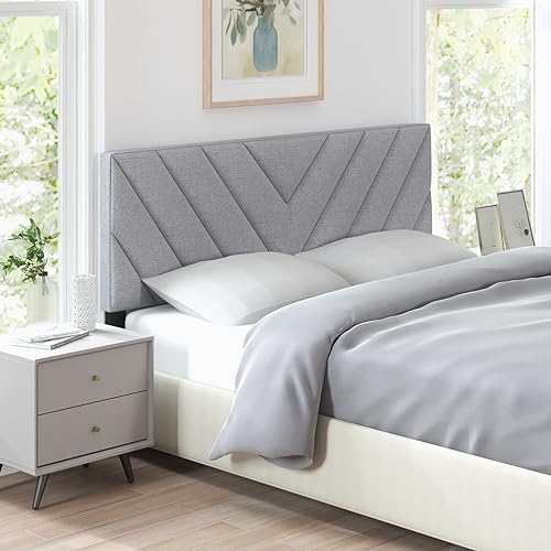 KOMFOTT Linen Fabric Upholstered Headboard for Full/Queen Size Bed, Rectangular Headboard with Solid Wood Legs & Adjustable Width, Padded Full/Queen Bed Headboard, Easy Assembly, Gray