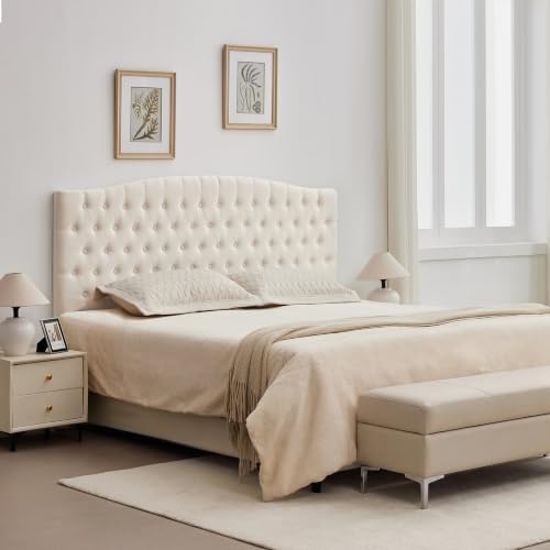 Tufted Linen King Headboard, Button Diamond Design Headboards, Beige