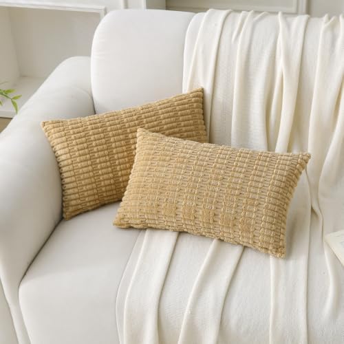 2 Pack Corduroy Decorative Throw Pillow with Inserts, 18x18 Inch Soft Boho Throw Pillow, Square Striped Throw Pillows for Couch, Bed, Sofa Decor (Golden Brown, 12" x 20" (with Inserts))