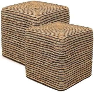 · REDEARTH · Jute Cotton Braided Cube Pouf Ottoman- Natural Black, Set of 2