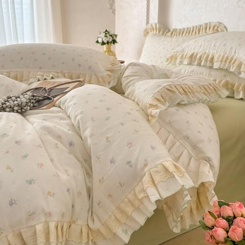 Ivory Duvet Cover Set Muslin Cotton Queen(90"x90"),Multicolor Flower