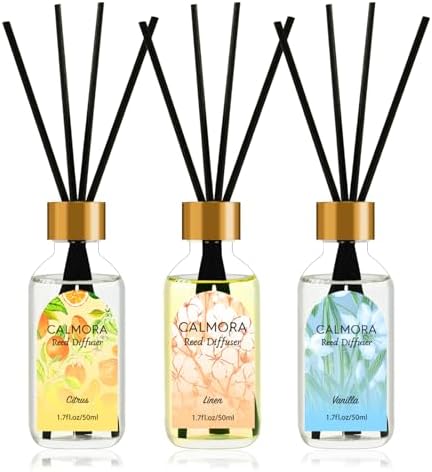 CALMORA Reed Diffuser Set of 3, 50ml Citrus/Linen/Vanilla Scented Oil Diffuser with 15 Sticks | Home Fragrance for Bedroom, Bathroom, Office & Living Room for Women Men
