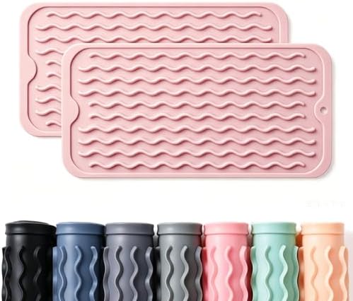 2 Pack Caketime Silicone Dish Drying Mat for Kitchen Counter Under Sink Storage Near Bathroom Faucet Heat Resistant Pad for Stove Top Placemats Soap Holder Stone Dryer Organizer 12"x6" Pink